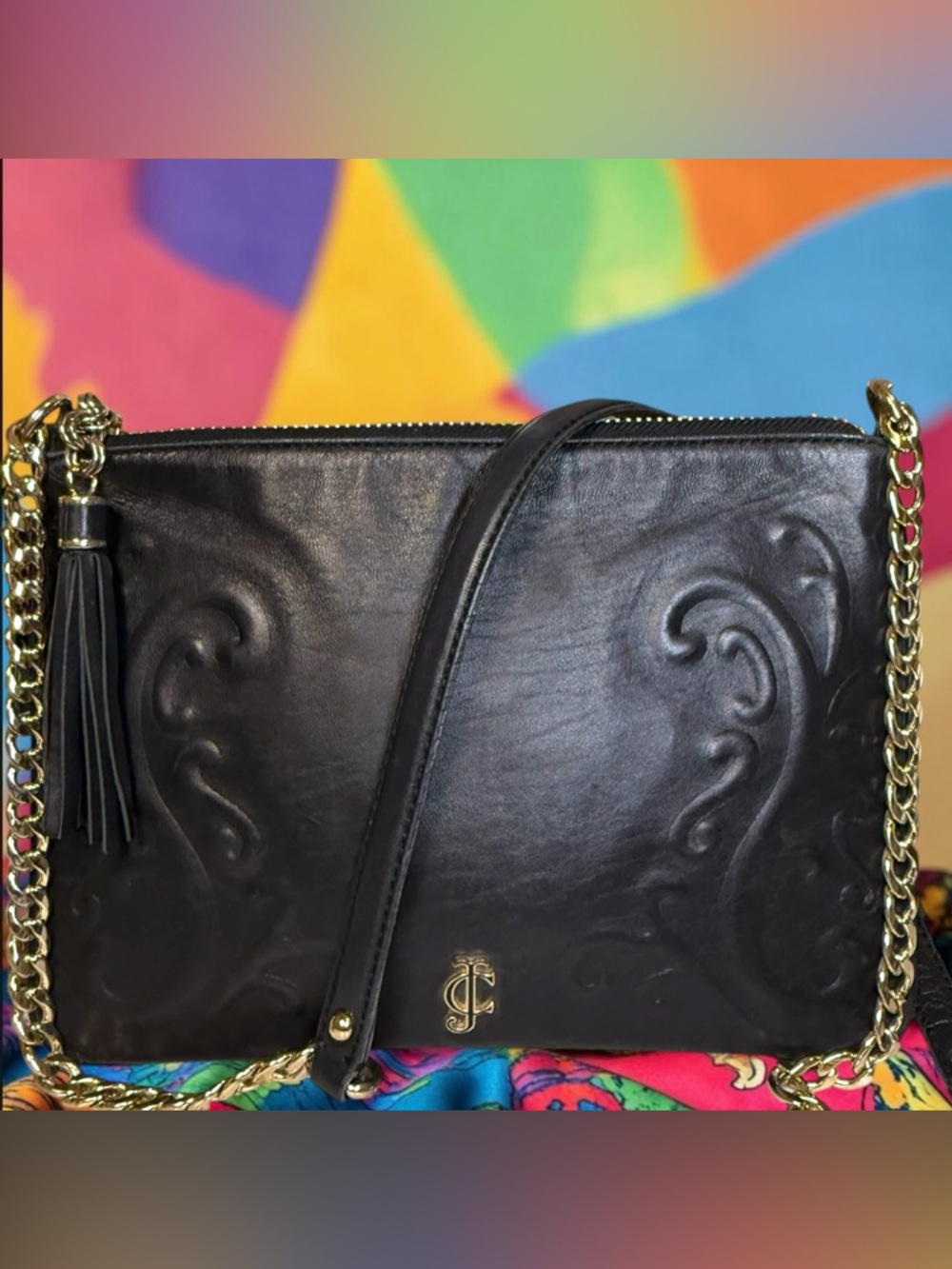 Juicy Couture Black Leather Embossed Crossbody Bag Chain Strap Tassel Y2K - Picture 3 of 7